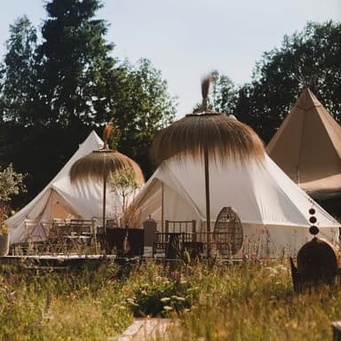 Ett glamping-tält omgivet av en grönskande skog.