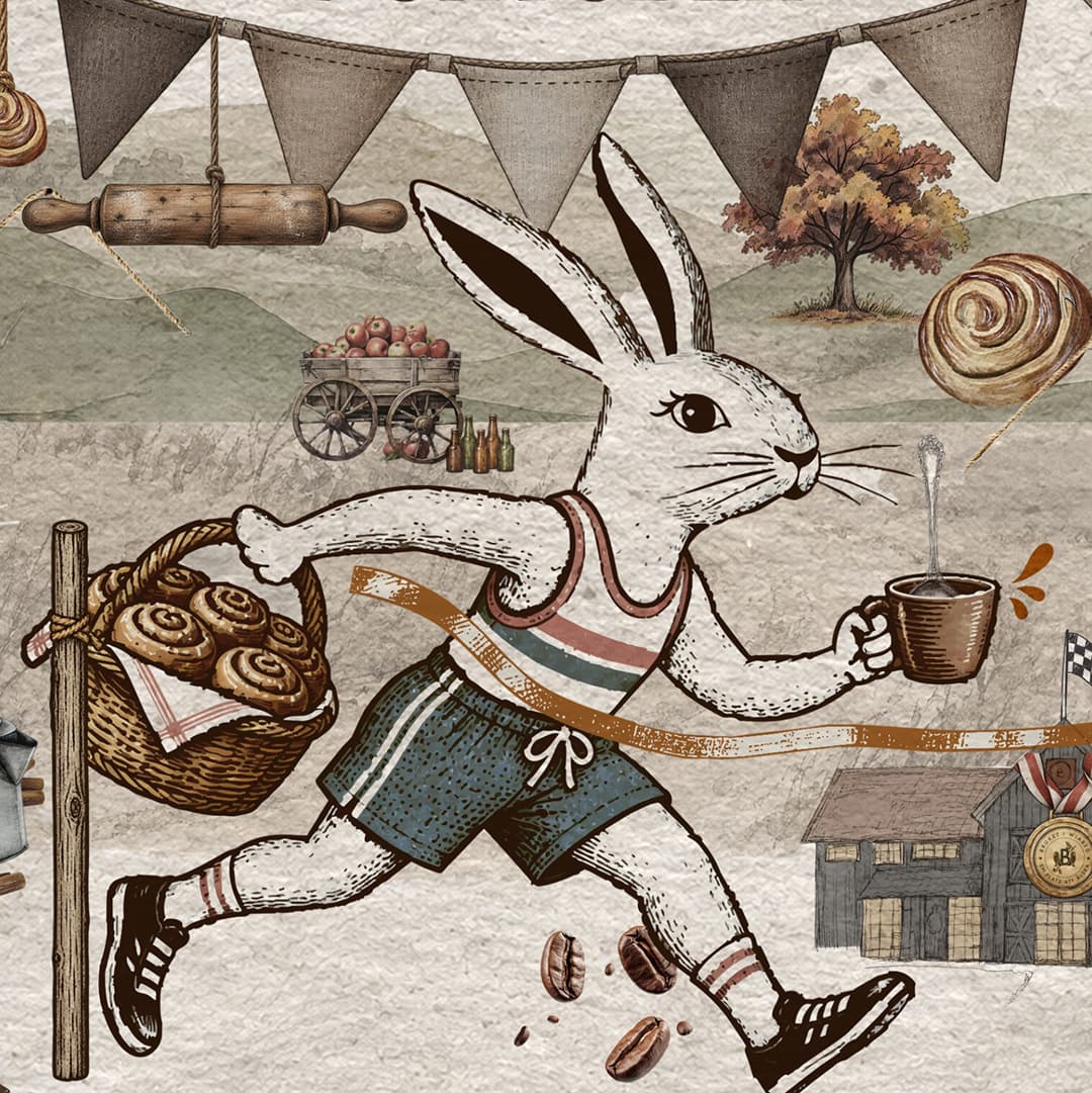 illustration en kanin som springer med en korg med kanelbullar