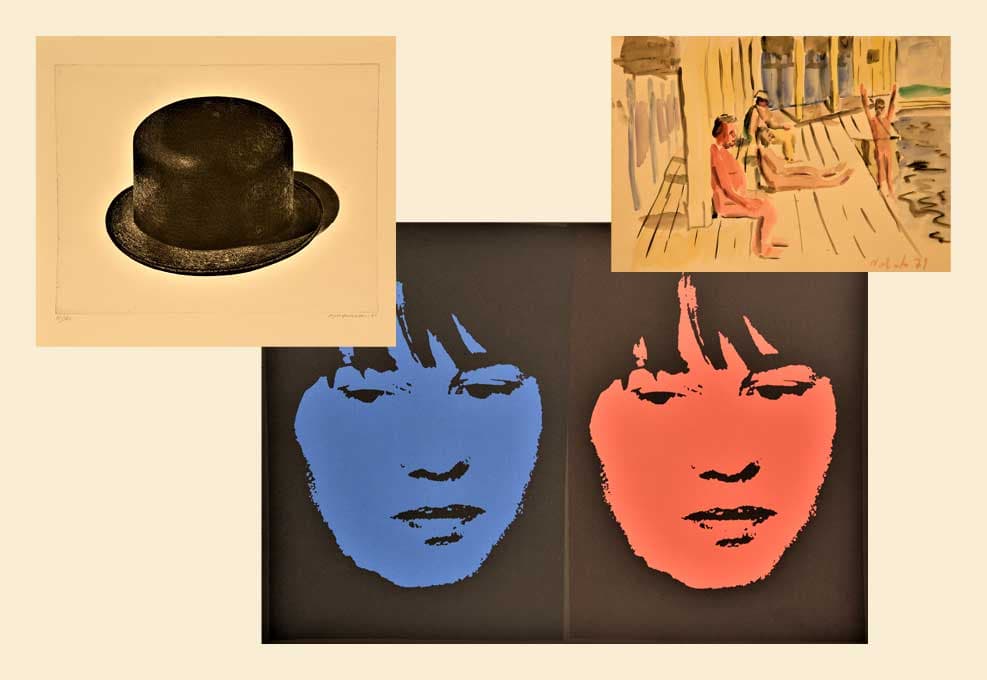 collage med tre kvadratiska bilder på grafiska verk mot en gul bakgrund.