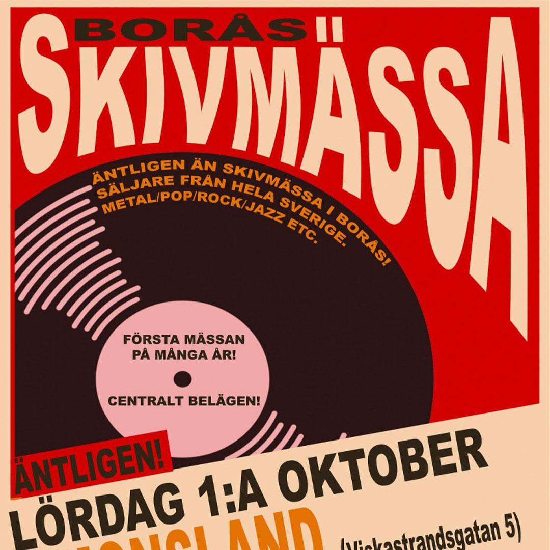 En retroposter i rött och beige med en svart lp-skiva och texten Borås skivmässa