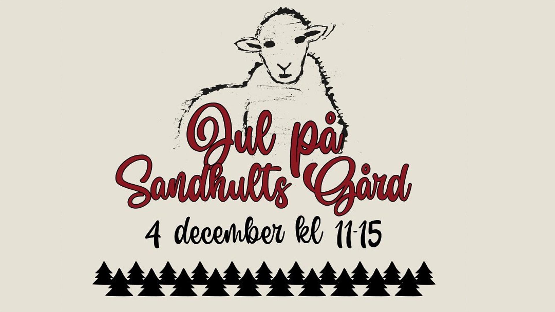 En grafisk bild med ett ritat får och texten "jul på Sandhults gård".
